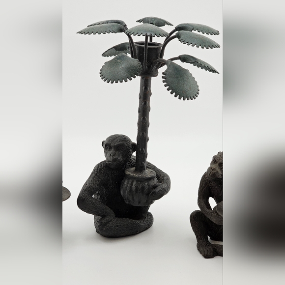 Bronze Cast Monkey Candlestick Holder Sitting Palm Tree Lot Of 3 Decorative Art - Picture 4 of 5